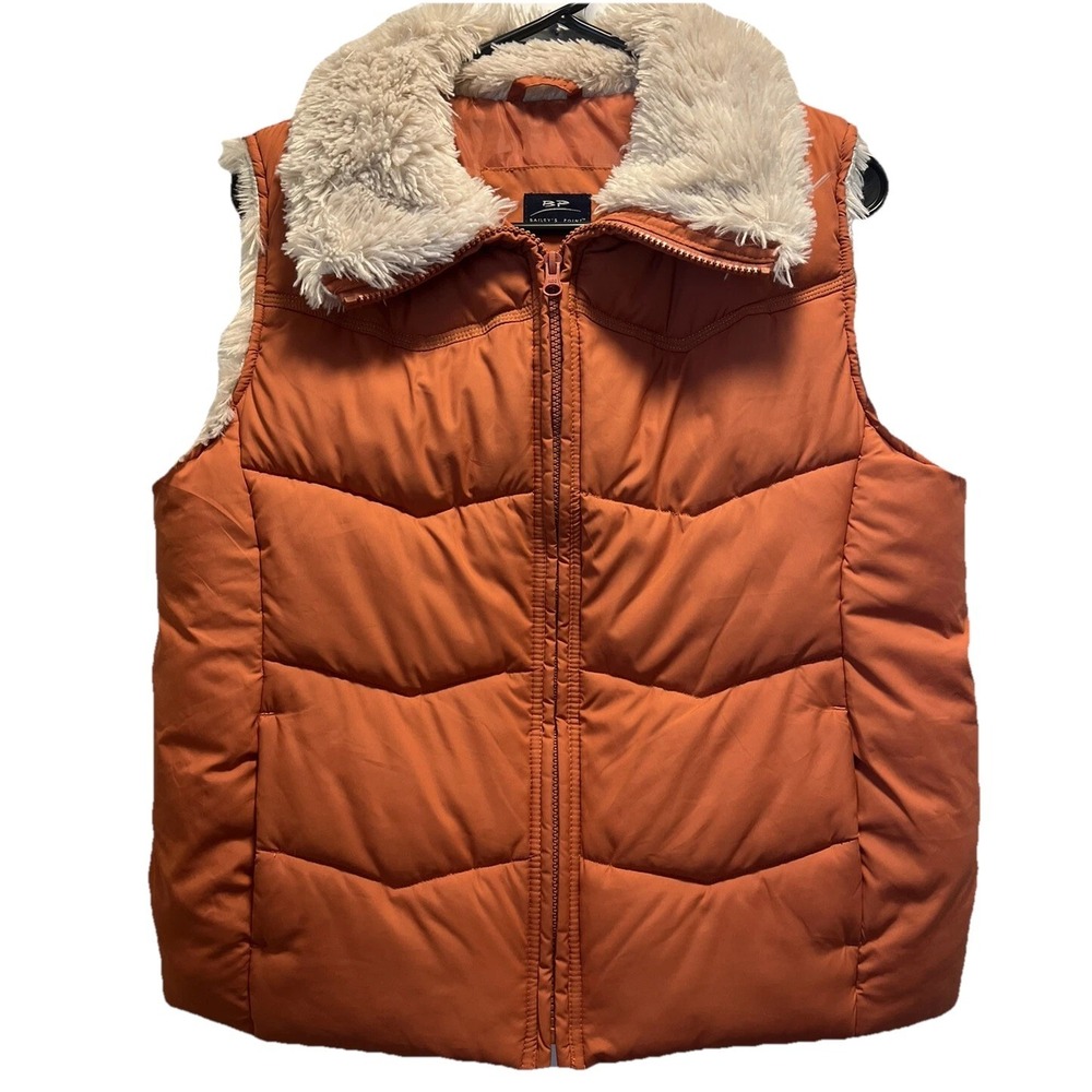 Vintage Y2K Baileys Point Orange Quilted Puffer Faux Fur Trim Womens Vest Size L